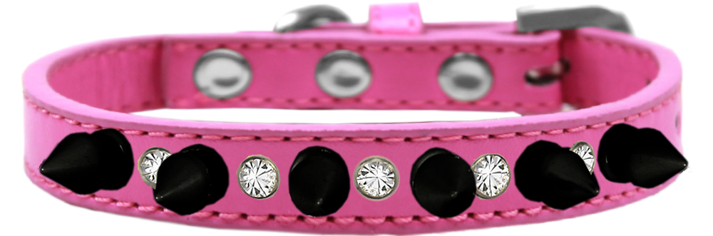 Crystal and Black Spikes Dog Collar Bright Pink Size 14